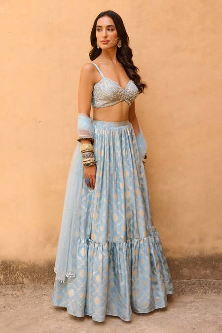 Buy_Chamee And Palak_Blue Silk, Jacquard, Net Zari, Embroidery Sweetheart Neck Layered Lehenga Set _Online_at_Aza_Fashions