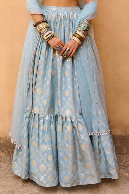 Chamee And Palak_Blue Silk, Jacquard, Net Zari, Embroidery Sweetheart Neck Layered Lehenga Set _at_Aza_Fashions