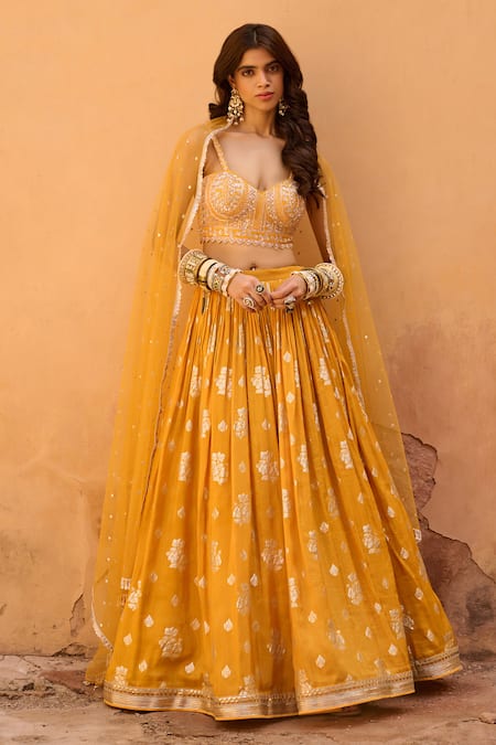 Chamee and Palak Yellow Raw Silk Embroidered Glass Bead Zest Floral Jamewar Pleated Lehenga Set 