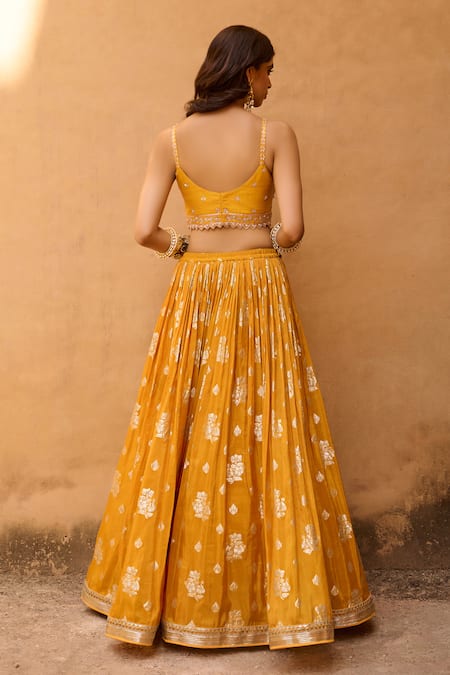 Shop_Chamee And Palak_Yellow Jacquard, Net, Silk Pearls, Zest Floral Jamewar Pleated Lehenga Set _at_Aza_Fashions