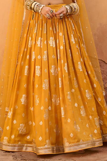 Chamee And Palak_Yellow Jacquard, Net, Silk Pearls, Zest Floral Jamewar Pleated Lehenga Set _Online_at_Aza_Fashions