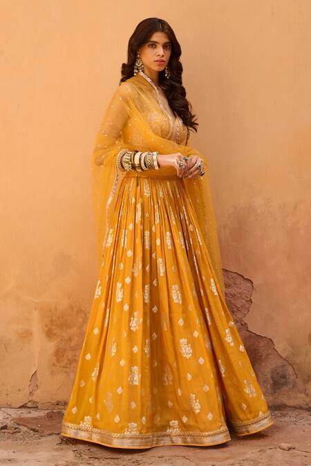 Shop_Chamee And Palak_Yellow Jacquard, Net, Silk Pearls, Zest Floral Jamewar Pleated Lehenga Set _Online_at_Aza_Fashions