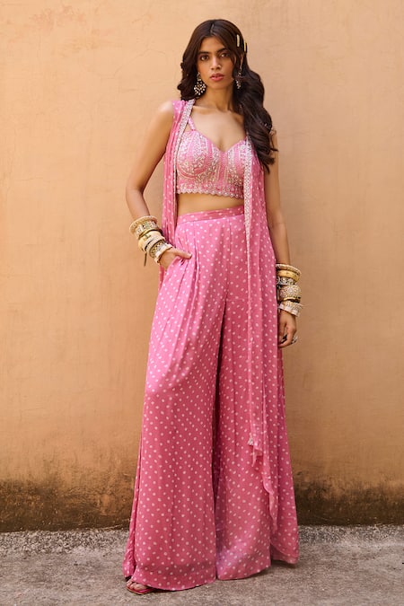 Chamee and Palak Pink Georgette Embroidered Zardosi Sweetheart Bandhani Cape Pant Set 