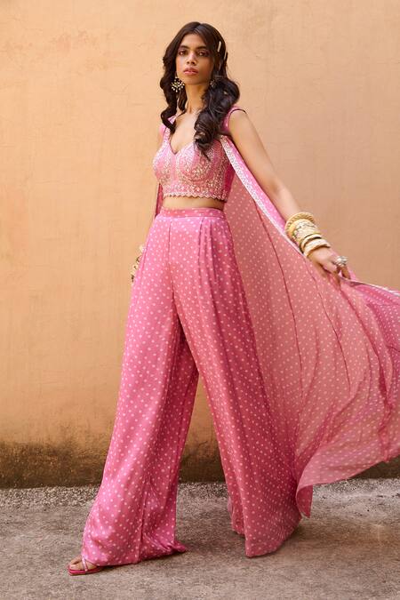 Buy_Chamee And Palak_Pink Silk, Georgette Pearls, Beads Sweetheart Bandhani Embroidered Cape Pant Set_Online_at_Aza_Fashions