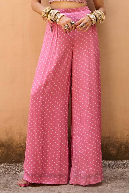 Chamee And Palak_Pink Silk, Georgette Pearls, Beads Sweetheart Bandhani Embroidered Cape Pant Set_at_Aza_Fashions