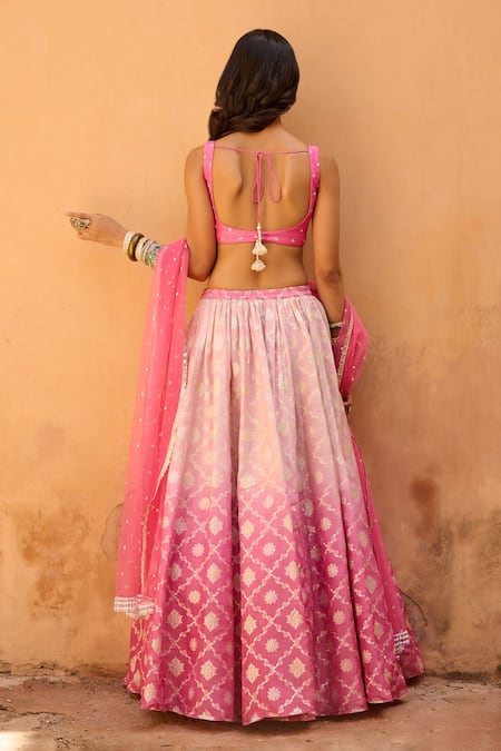 Shop_Chamee And Palak_Pink Silk, Jacquard, Net Pearls, Zari, Beads Melody Floral Pattern Lehenga Set _at_Aza_Fashions