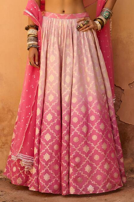 Chamee And Palak_Pink Silk, Jacquard, Net Pearls, Zari, Beads Melody Floral Pattern Lehenga Set _Online_at_Aza_Fashions