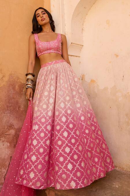 Shop_Chamee And Palak_Pink Silk, Jacquard, Net Pearls, Zari, Beads Melody Floral Pattern Lehenga Set _Online_at_Aza_Fashions