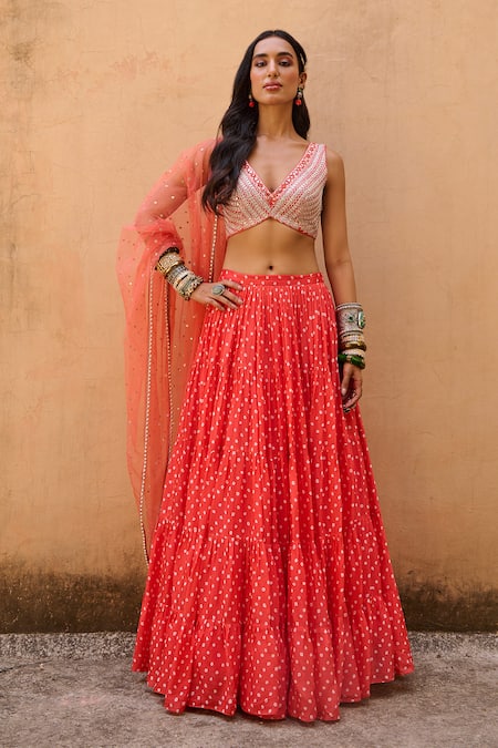 Chamee and Palak Orange Georgette Printed Bandhani V Neck Lehenga Set 