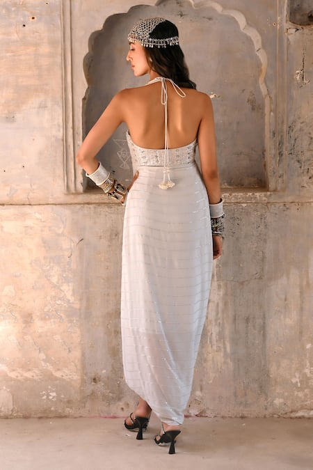 Chamee And Palak Ivy Sequin & Glass Bead Embroidered Cowl Dress 