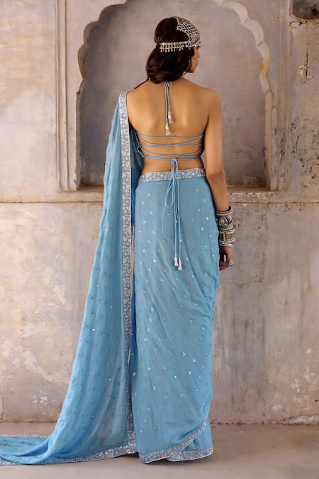Shop_Chamee And Palak_Blue Georgette, Silk Zari, Beads, Embroidery Hazel Glass Saree With Blouse _at_Aza_Fashions