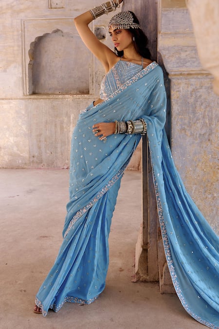 Shop_Chamee And Palak_Blue Georgette, Silk Zari, Beads, Embroidery Hazel Glass Saree With Blouse _Online_at_Aza_Fashions