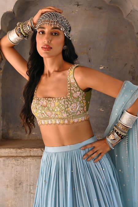 Buy Chamee And Palak Green Silk, Net, Georgette Embroidery, Monet Resham And Zardosi Lehenga Set Online at Aza Fashions Buy_Chamee And Palak_Green Silk, Net, Georgette Embroidery, Monet Resham And Zardosi Lehenga Set _Online_at_Aza_Fashions