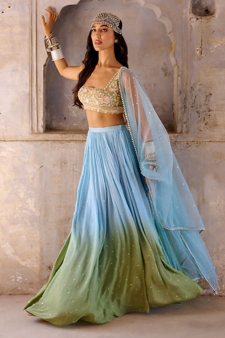 Shop Chamee And Palak Green Silk, Net, Georgette Embroidery, Monet Resham And Zardosi Lehenga Set Online at Aza Fashions Shop_Chamee And Palak_Green Silk, Net, Georgette Embroidery, Monet Resham And Zardosi Lehenga Set _Online_at_Aza_Fashions