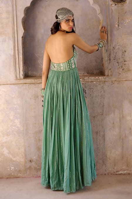 Chamee And Palak Green Zardosi Embroidered Halter Gown 