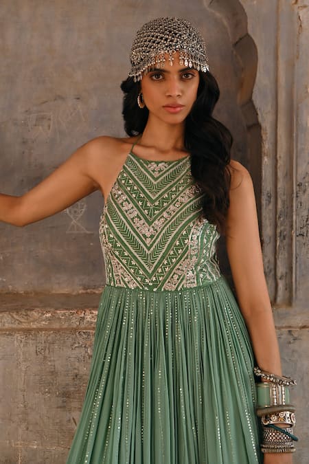 Chamee And Palak Green Georgette, Silk Sequins, Beads Halter Neck Zardosi Embroidered Gown Online at Aza Fashions Chamee And Palak_Green Georgette, Silk Sequins, Beads Halter Neck Zardosi Embroidered Gown _Online_at_Aza_Fashions