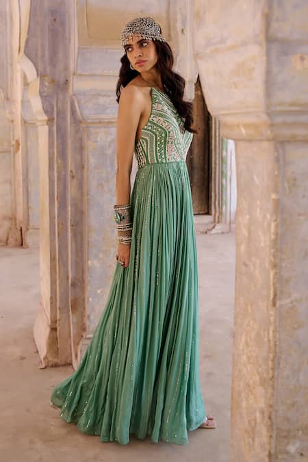 Buy Chamee And Palak Green Georgette, Silk Sequins, Beads Halter Neck Zardosi Embroidered Gown Online at Aza Fashions Buy_Chamee And Palak_Green Georgette, Silk Sequins, Beads Halter Neck Zardosi Embroidered Gown _Online_at_Aza_Fashions