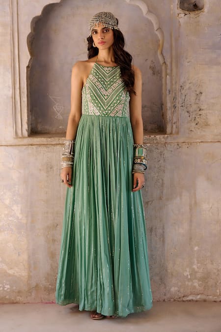 Shop Chamee And Palak Green Georgette, Silk Sequins, Beads Halter Neck Zardosi Embroidered Gown Online at Aza Fashions Shop_Chamee And Palak_Green Georgette, Silk Sequins, Beads Halter Neck Zardosi Embroidered Gown _Online_at_Aza_Fashions