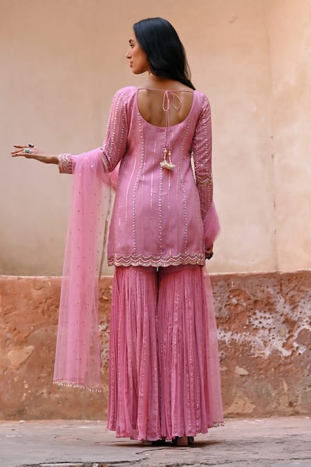 Shop_Chamee And Palak_Pink Georgette, Crepe, Net Zari, Embroidery, Beads Grace Kurta Gharara Set _at_Aza_Fashions