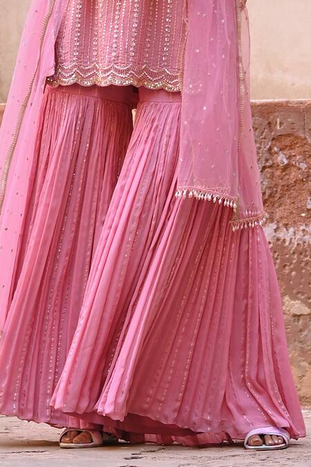 Chamee And Palak_Pink Georgette, Crepe, Net Zari, Embroidery, Beads Grace Kurta Gharara Set _Online_at_Aza_Fashions