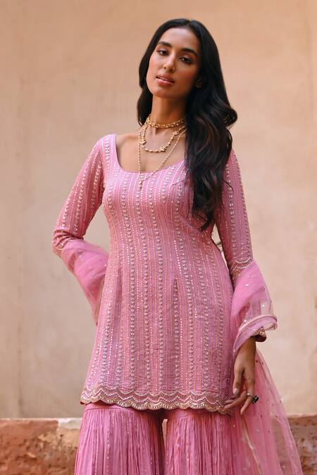 Buy_Chamee And Palak_Pink Georgette, Crepe, Net Zari, Embroidery, Beads Grace Kurta Gharara Set _Online_at_Aza_Fashions