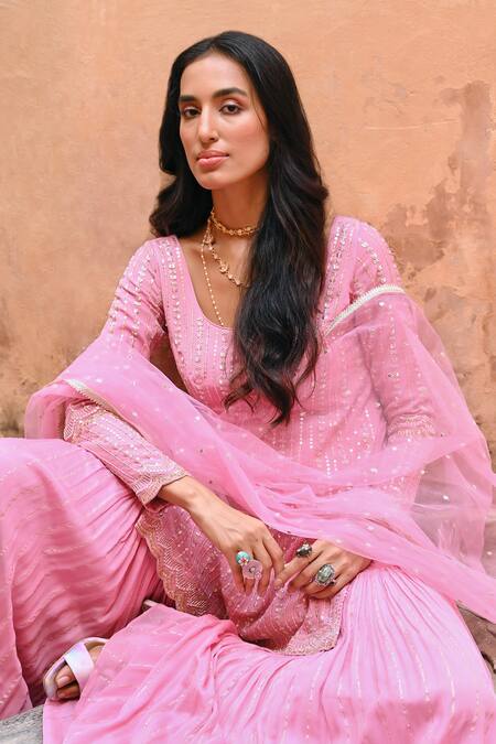 Shop_Chamee And Palak_Pink Georgette, Crepe, Net Zari, Embroidery, Beads Grace Kurta Gharara Set _Online_at_Aza_Fashions