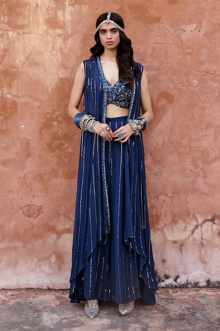 Chamee and Palak Blue Georgette Embroidered Sequin Sweetheart Savli High Low Jacket Pant Set 