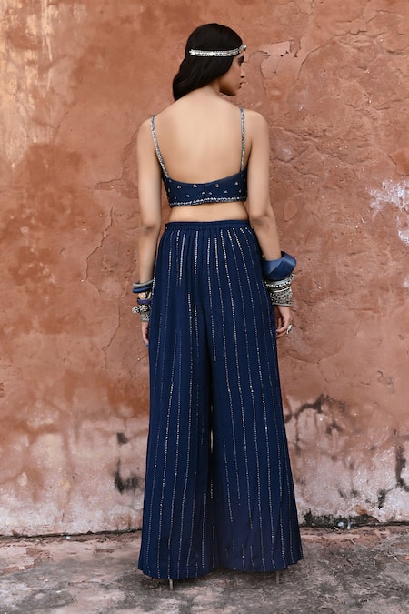 Chamee And Palak Blue Georgette, Silk Sequins, Beads Savli High Low Embroidered Jacket Pant Set Online at Aza Fashions Chamee And Palak_Blue Georgette, Silk Sequins, Beads Savli High Low Embroidered Jacket Pant Set _Online_at_Aza_Fashions