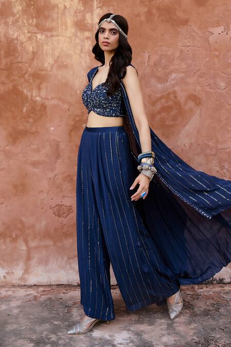 Buy Chamee And Palak Blue Georgette, Silk Sequins, Beads Savli High Low Embroidered Jacket Pant Set Buy_Chamee And Palak_Blue Georgette, Silk Sequins, Beads Savli High Low Embroidered Jacket Pant Set