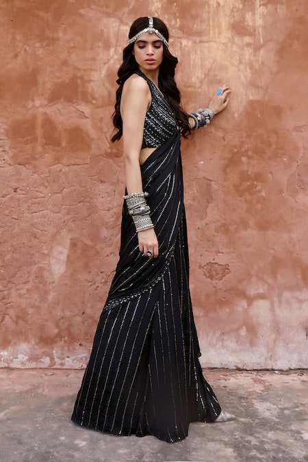 Buy Chamee And Palak Black Silk, Georgette Sequins, Beads, Glitter Embroidered Pre-draped Saree Set Online at Aza Fashions Buy_Chamee And Palak_Black Silk, Georgette Sequins, Beads, Glitter Embroidered Pre-draped Saree Set _Online_at_Aza_Fashions
