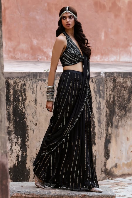Chamee And Palak Black Silk, Georgette Sequins, Beads, Glitter Embroidered Pre-draped Saree Set at Aza Fashions Chamee And Palak_Black Silk, Georgette Sequins, Beads, Glitter Embroidered Pre-draped Saree Set _at_Aza_Fashions