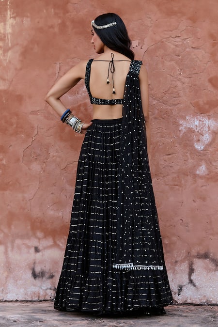 Chamee And Palak_Black Silk, Net, Georgette Sequins, Beads Square August Embroidered Lehenga Set _Online_at_Aza_Fashions