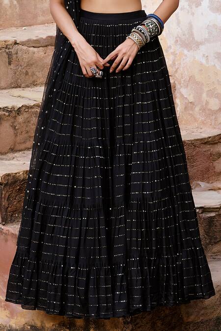 Buy_Chamee And Palak_Black Silk, Net, Georgette Sequins, Beads Square August Embroidered Lehenga Set _Online_at_Aza_Fashions