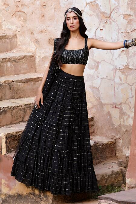 Buy_Chamee And Palak_Black Silk, Net, Georgette Sequins, Beads Square August Embroidered Lehenga Set 