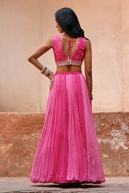 Chamee And Palak_Pink Silk, Net, Georgette Zari, Beads, Embroidery, Ombre Meadow Lehenga Set _Online_at_Aza_Fashions