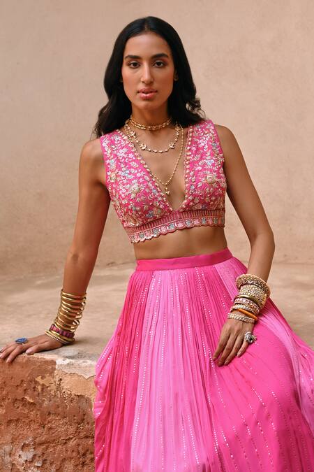 Buy_Chamee And Palak_Pink Silk, Net, Georgette Zari, Beads, Embroidery, Ombre Meadow Lehenga Set _Online_at_Aza_Fashions