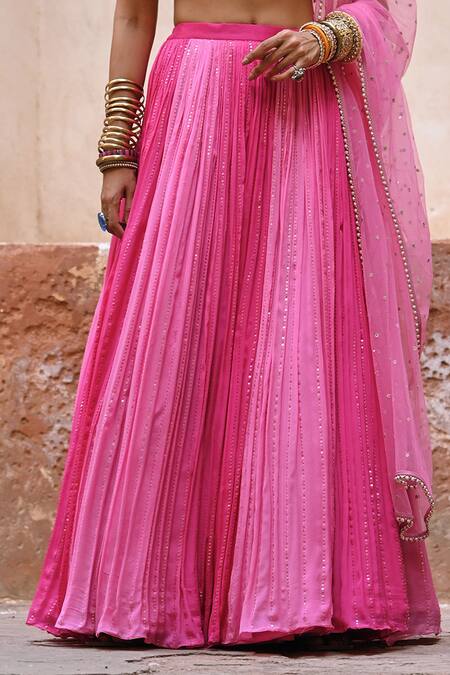 Shop_Chamee And Palak_Pink Silk, Net, Georgette Zari, Beads, Embroidery, Ombre Meadow Lehenga Set _Online_at_Aza_Fashions