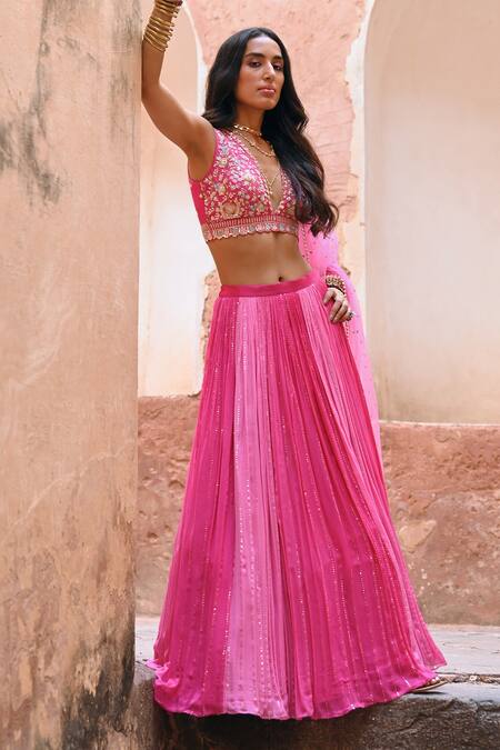 Chamee And Palak_Pink Silk, Net, Georgette Zari, Beads, Embroidery, Ombre Meadow Lehenga Set _at_Aza_Fashions