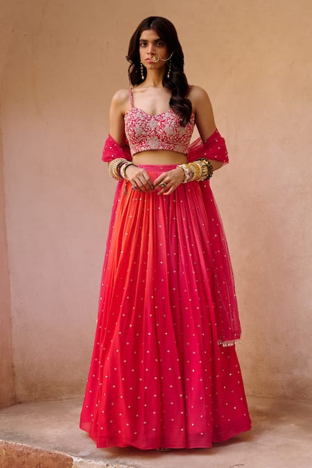 Chamee and Palak Pink Georgette Embroidered Zardosi Sweetheart Aries Ombre Lehenga Set 