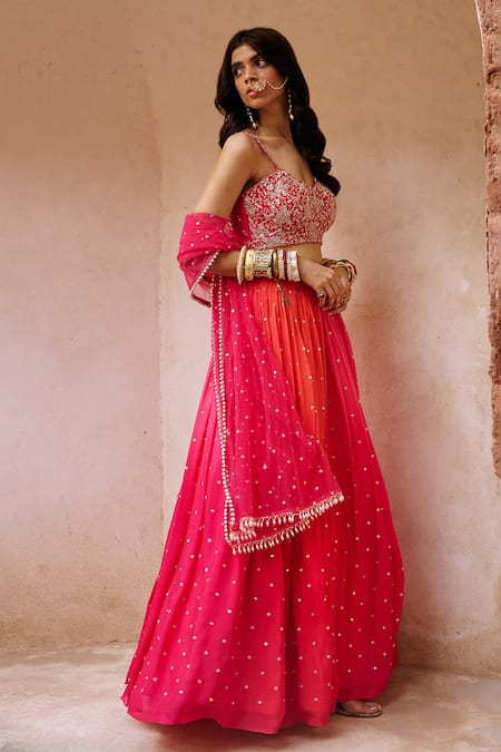 Shop_Chamee And Palak_Pink Silk, Net, Georgette Embroidery, Zari, Sequins Aries Ombre Lehenga Set _Online_at_Aza_Fashions