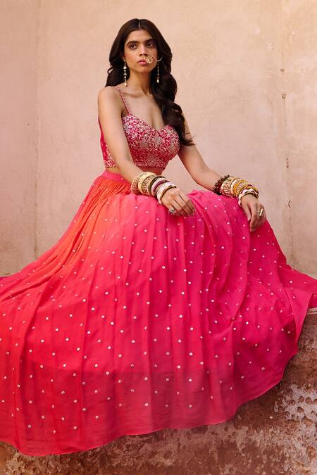 Chamee And Palak_Pink Silk, Net, Georgette Embroidery, Zari, Sequins Aries Ombre Lehenga Set _at_Aza_Fashions