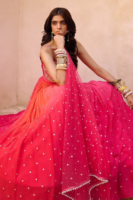 Buy_Chamee And Palak_Pink Silk, Net, Georgette Embroidery, Zari, Sequins Aries Ombre Lehenga Set 