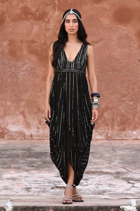 Chamee and Palak Black Georgette Embroidered Sequin Plunging V Alder And Glass Bead Cowl Dress 