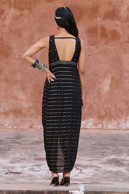 Chamee And Palak Black Georgette, Silk Sequins, Beads Alder And Glass Embroidered Cowl Dress Online at Aza Fashions Chamee And Palak_Black Georgette, Silk Sequins, Beads Alder And Glass Embroidered Cowl Dress _Online_at_Aza_Fashions