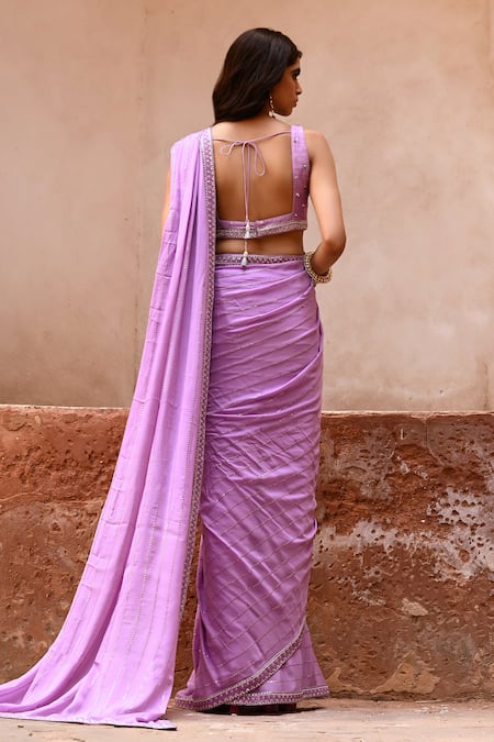 Shop Chamee And Palak Purple Georgette, Silk Pearls, Layla Embroidered Pre-draped Saree With Blouse at Aza Fashions Shop_Chamee And Palak_Purple Georgette, Silk Pearls, Layla Embroidered Pre-draped Saree With Blouse _at_Aza_Fashions