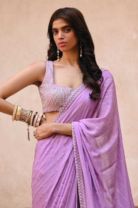 Chamee And Palak Purple Georgette, Silk Pearls, Layla Embroidered Pre-draped Saree With Blouse Online at Aza Fashions Chamee And Palak_Purple Georgette, Silk Pearls, Layla Embroidered Pre-draped Saree With Blouse _Online_at_Aza_Fashions