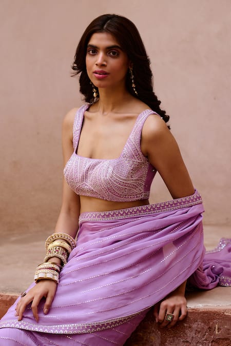 Buy Chamee And Palak Purple Georgette, Silk Pearls, Layla Embroidered Pre-draped Saree With Blouse Online at Aza Fashions Buy_Chamee And Palak_Purple Georgette, Silk Pearls, Layla Embroidered Pre-draped Saree With Blouse _Online_at_Aza_Fashions
