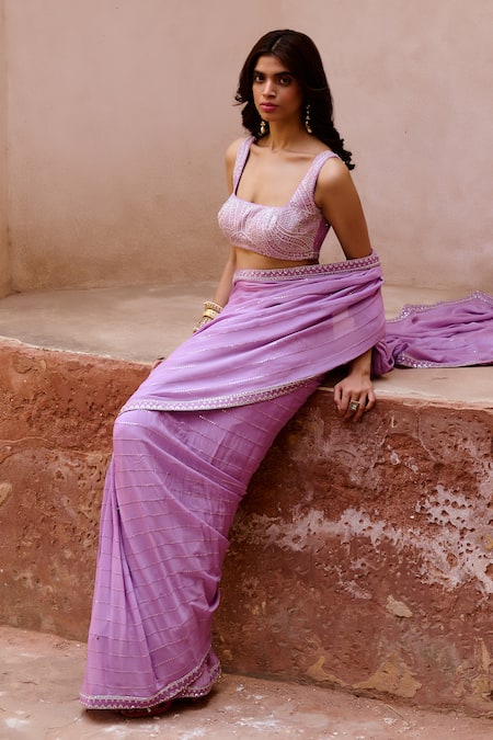 Shop Chamee And Palak Purple Georgette, Silk Pearls, Layla Embroidered Pre-draped Saree With Blouse Online at Aza Fashions Shop_Chamee And Palak_Purple Georgette, Silk Pearls, Layla Embroidered Pre-draped Saree With Blouse _Online_at_Aza_Fashions