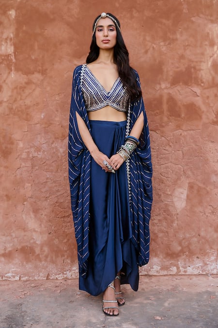 Chamee and Palak Blue Lurex Embroidered Glass Bead Plunging V Chayya Cape Draped Skirt Set 