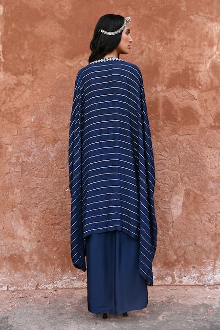 Chamee And Palak_Blue Silk, Satin Beads, Embroidery Plunge Neck Chayya Cape Draped Skirt Set _Online_at_Aza_Fashions